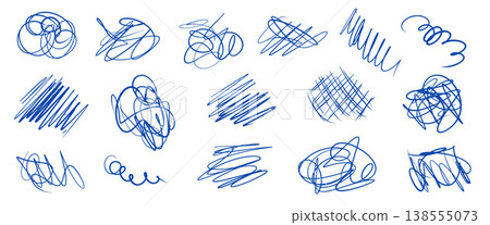 Messy blue pen abstract doodles. Scribbles, naive expressive scratches set. Text highlight lines, circles, chaotic spontaneously underlines and scrawl. Vector pencil brush scratches isolated no bg Messy blue pen abstract doodles. Scribbles, naive expressive scratches set. Text highlight lines, circles, chaotic spontaneously underlines and scrawl. Vector pencil brush scratches isolated no bg 138555073
