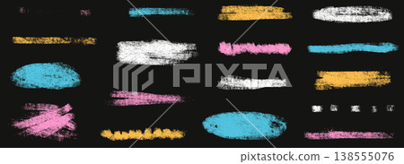 Pencil highlight emphasis with handmade underline and doodle shapes. Crayon kid strokes in cyan pink and yellow with highlight accents. Bold vector pencil line elements for creative projects isolated 138555076