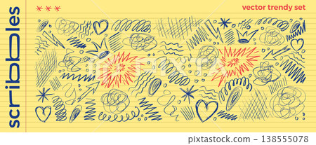 Punk crayon scribbles text highlights decor on yellow legal pad paper. Hand-drawn scratches, squiggles and abstract doodles, naive stars set. Vector irregular oval, crosshatching forms isolated set 138555078
