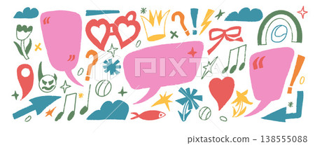 Speech bubbles colorful crayon doodle. Hand drawn kids text boxes frames with scribbles set. Funky crayon pencil flowers, callout shapes. Textured talk frames bg. Crown, arrows isolated no background 138555088