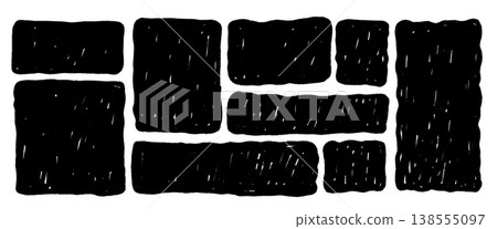 Wavy grunge rectangle frames with irregular edges. Curvy square quote borders and scalloped labels. Text boxes doodle elements, geometric speech bubbles. Vector crayon kids shapes isolated no bg 138555097