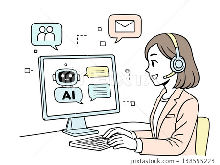 插圖描繪了一位女性使用人工智慧聊天機器人的情景。 138555223