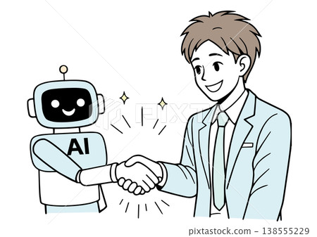 An illustration of a businessman shaking hands with an AI. 138555229
