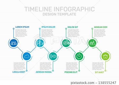Colorful zigzag timeline infographic template with circular icons, thin lines, and placeholder text. Vector illustration. 138555247