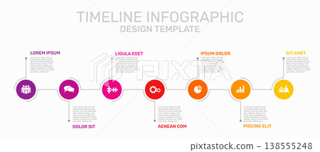Horizontal timeline infographic template with colorful circular icons, progress line, and placeholder text. Vector illustration. 138555248