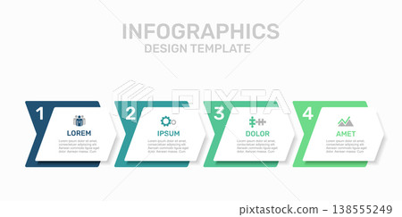 Four-step flow chart infographic with labeled sections, icons, and placeholder text for business processes. Vector illustration. 138555249