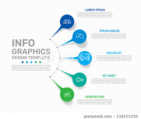 Circular infographic template with five labeled nodes for business data visualization. Vector illustration. 138555250
