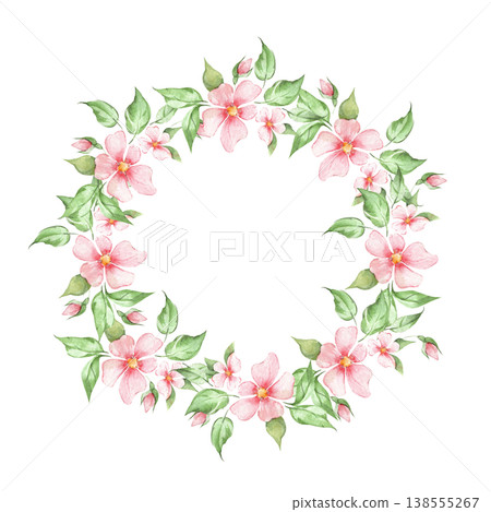 Romantic floral wreath with pink watercolor flowers and green leaves. Elegant botanical frame for wedding invitation, greeting card or digital scrapbooking. Hand drawn aesthetic illustration 138555267