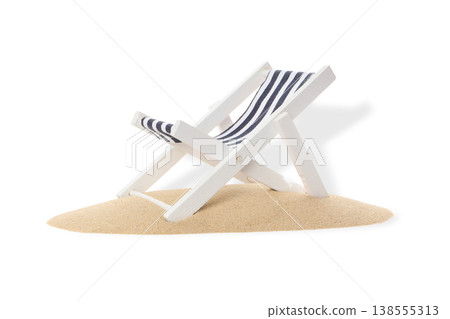 White chair with blue stripes rests on sand, PNG 138555313