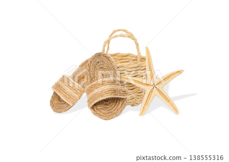 Sandals, starfish, and basket arranged for summer use, PNG Sandals, starfish, and basket arranged for summer use, PNG 138555316