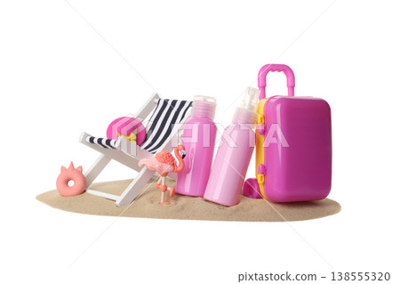 Beach chair with pink suitcase and water bottles, PNG 138555320