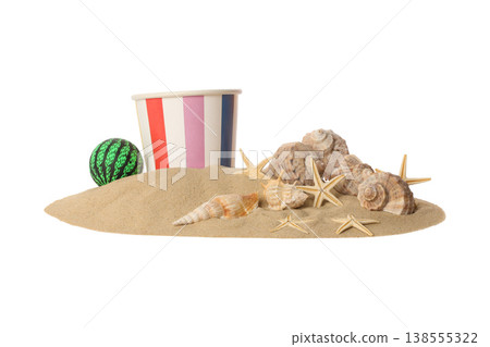 Colorful cup with shells and starfish on sandy surface, PNG 138555322