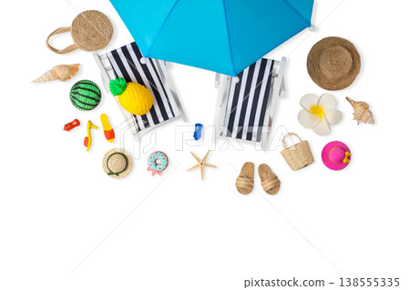 Chairs and summer items are set up for beach enjoyment, PNG 138555335