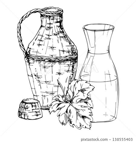 Tuscany style carafe wine jug in rattan wicker, empty glass decanter, grape leaf in botanical detail. Vector illustration hand drawn in ink. Sommelier training guides, viticulture education materials 138555403
