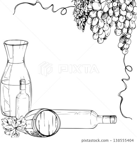 Oak barrel, bottles and wine glass decanter with overhanging grapevine, tendril curls and leaves. Isolated frame hand drawn in ink vector illustration. Menu covers, certificates, wine shop signage. Oak barrel, bottles and wine glass decanter with overhanging grapevine, tendril curls and leaves. Isolated frame hand drawn in ink vector illustration. Menu covers, certificates, wine shop signage. 138555404