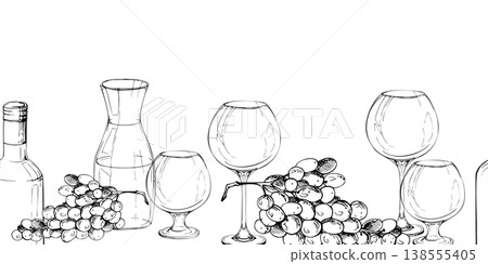 Seamless banner with repeating bottles, transparent decanters, balloon glasses and harvested grape bunches. Ink vector illustration. Website headers, wine labels, packaging borders, menu decoration. Seamless banner with repeating bottles, transparent decanters, balloon glasses and harvested grape bunches. Ink vector illustration. Website headers, wine labels, packaging borders, menu decoration. 138555405
