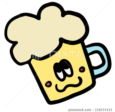 Hand drawn illustrations of beer glass with drunken face cartoon for party, supermarket, mart, food, snack, drinks, dinner, picnic, park, outdoors, restaurant, menu, recipe, cuisine, celebration 138555415