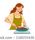 Woman in an apron stir fries food on the stove. A cozy home cooking scene featuring healthy food 138555436