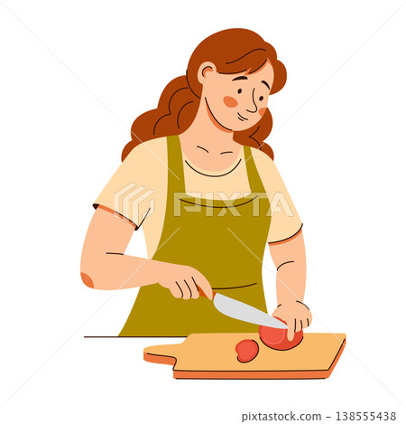 Smiling woman in apron slices a tomato on a board. A cozy home cooking scene featuring healthy food Smiling woman in apron slices a tomato on a board. A cozy home cooking scene featuring healthy food 138555438