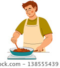 A man in an apron stir fries food on the stove. A cozy home cooking scene featuring healthy food 138555439
