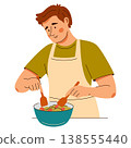 Smiling man in apron mixing fresh vegetable salad in bowl. Cozy home cooking scene with healthy food 138555440