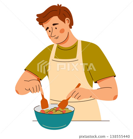 Smiling man in apron mixing fresh vegetable salad in bowl. Cozy home cooking scene with healthy food Smiling man in apron mixing fresh vegetable salad in bowl. Cozy home cooking scene with healthy food 138555440
