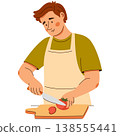 A smiling man in apron slices a tomato on a board. A cozy home cooking scene featuring healthy food 138555441