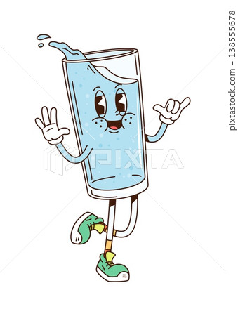 Cartoon groovy water glass drink funky character with happy face, vector beverage. Groovy mineral water glass cup with funny smile and cool gesture in good mood and positive emotion as drink character Cartoon groovy water glass drink funky character with happy face, vector beverage. Groovy mineral water glass cup with funny smile and cool gesture in good mood and positive emotion as drink character 138555678