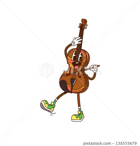 Cartoon groovy violin music instrument character with funny face, vector comic emoji. Funky groovy violin or bass fiddle character with bow and freaky tongue out smile as Y2K musical instrument 138555679