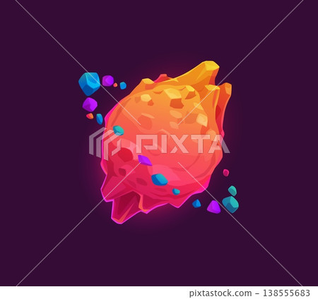 Cartoon alien space planet of lava glow and stones orbit, vector galaxy fantasy icon. Cartoon alien space planet with orange rock mountains landscape and orbital color stones for cosmic galaxy game Cartoon alien space planet of lava glow and stones orbit, vector galaxy fantasy icon. Cartoon alien space planet with orange rock mountains landscape and orbital color stones for cosmic galaxy game 138555683