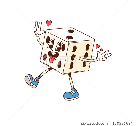 Cartoon groovy casino dice character with cheeky tongue and a heartwarming vibe. Playful, smiling dice dancing in blue sneakers. Funky vector personage, for groovy board and casino game 138555684