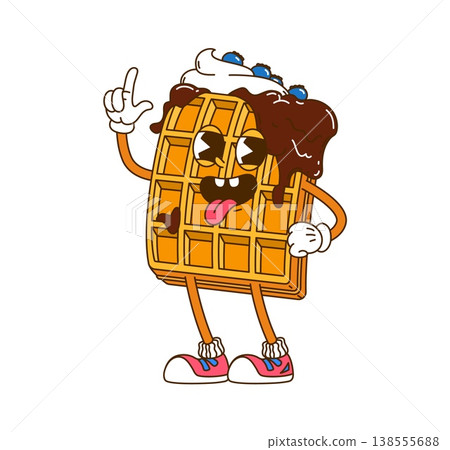 Cartoon retro groovy waffle character of pastry dessert or confectionery, vector personage. Y2K groovy waffle character with chocolate syrup melt, whipped cream and blueberry berries on yummy tongue Cartoon retro groovy waffle character of pastry dessert or confectionery, vector personage. Y2K groovy waffle character with chocolate syrup melt, whipped cream and blueberry berries on yummy tongue 138555688