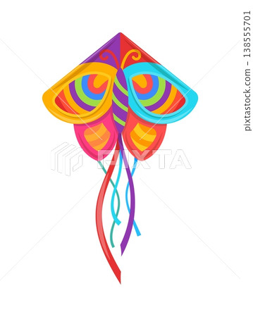 Color festive butterfly paper kite with wide rainbow wings and long flowing tails. Vector festive design features traditional Indian kite elements with playful flying motion. Cartoon childrens toy Color festive butterfly paper kite with wide rainbow wings and long flowing tails. Vector festive design features traditional Indian kite elements with playful flying motion. Cartoon childrens toy 138555701