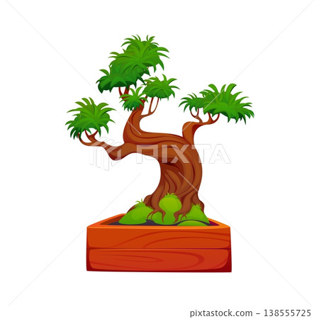 Cartoon Japanese garden Bonsai tree plant in wooden pot, vector icon. Bonsai pine tree or Japanese miniature plant decoration for Zen gardening and Japan culture art tradition of oriental garden Cartoon Japanese garden Bonsai tree plant in wooden pot, vector icon. Bonsai pine tree or Japanese miniature plant decoration for Zen gardening and Japan culture art tradition of oriental garden 138555725