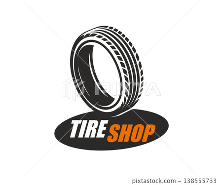 Tire shop icon, truck tyre wheel store and service. Bold and dynamic symbol featuring detailed tire silhouette with prominent tread pattern. Powerful vector wheel icon for truck tire retailers 138555733