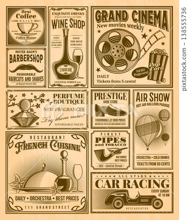 Old newspaper or vintage gazette and retro news paper newsprint, vector poster. Old newspaper background with ad posters or retro magazine advertisement banners of cinema, barbershop and restaurant Old newspaper or vintage gazette and retro news paper newsprint, vector poster. Old newspaper background with ad posters or retro magazine advertisement banners of cinema, barbershop and restaurant 138555736