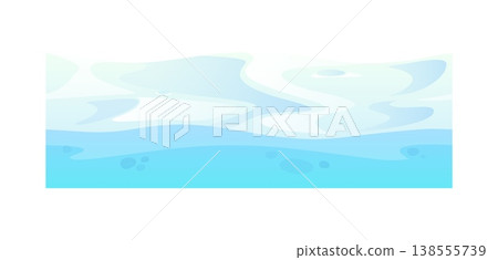 Game water surface soil layer. Vector blue water surface with gentle ripples and bubbles. Smooth calm waves in soft blue and white shades. Cartoon landscape and interface for games 138555739