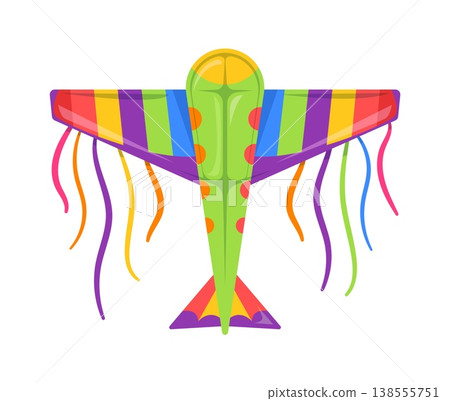 Color festival paper kite shaped as airplane with rainbow striped wings and long ribbons hanging down. Cartoon vector flying kids carnival toy in shape of plane for summer activities on sky wind Color festival paper kite shaped as airplane with rainbow striped wings and long ribbons hanging down. Cartoon vector flying kids carnival toy in shape of plane for summer activities on sky wind 138555751