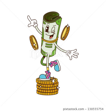 Cartoon groovy dancing money roll character secured with a rubber band on a stack of gold coins. Hippie funky winking personage in sneakers. Groovy mascot for business and banking visuals 138555754