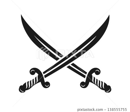 Crossed battle pirate sabers icon of corsair sword blades and daggers, vector weapon. Pirate saber swords of Caribbean corsairs blades crossed, piracy cold arms of knight cutlass or broadsword dirks Crossed battle pirate sabers icon of corsair sword blades and daggers, vector weapon. Pirate saber swords of Caribbean corsairs blades crossed, piracy cold arms of knight cutlass or broadsword dirks 138555755