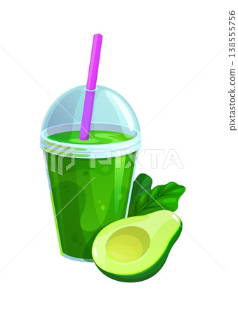 Green smoothie drink with plastic lid and straw, fresh cut avocado and spinach leaves. Cartoon vector green smoothie beverage in transparent cup promoting healthy eating, fitness, organic detox drinks Green smoothie drink with plastic lid and straw, fresh cut avocado and spinach leaves. Cartoon vector green smoothie beverage in transparent cup promoting healthy eating, fitness, organic detox drinks 138555756