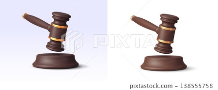 3d justice judge gavel, wooden bid auction vector hammer mallet. Elegant gavel crafted from polished wood with refined golden accents and round base. 3d vector judge hummer for legal firm branding 3d justice judge gavel, wooden bid auction vector hammer mallet. Elegant gavel crafted from polished wood with refined golden accents and round base. 3d vector judge hummer for legal firm branding 138555758