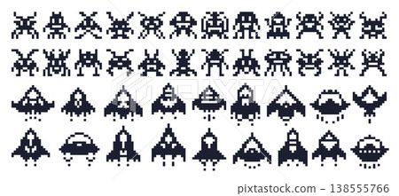 8 bit pixel art space ships and alien invaders characters, robots and viruses game asset. Nostalgic arcade spaceships, alien invaders, quirky robots and virus characters for indie game development 138555766