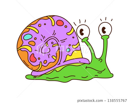 Cartoon groovy snail hippie funky trippy character. Green vector personage with big eyes, vibrant shell, and happy face, radiating funky vintage vibe. Groovy symbol for retro posters and Y2K graphics Cartoon groovy snail hippie funky trippy character. Green vector personage with big eyes, vibrant shell, and happy face, radiating funky vintage vibe. Groovy symbol for retro posters and Y2K graphics 138555767