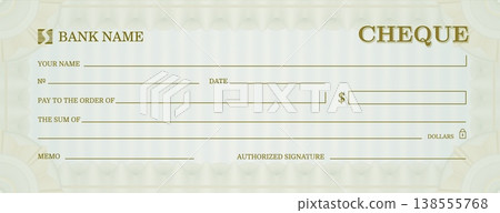 Blank bank cheque or money checkbook for award or gift voucher with guilloche pattern, vector template. Bank cheque or payment check and payment bill for donation or charity coupon of checkbook 138555768