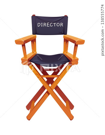 Cartoon director chair with wooden frame and black canvas seat and backrest. Isolated vector movie cinema object, equipment for film production. Theatrical prop, furniture item for filmmaking crew Cartoon director chair with wooden frame and black canvas seat and backrest. Isolated vector movie cinema object, equipment for film production. Theatrical prop, furniture item for filmmaking crew 138555774