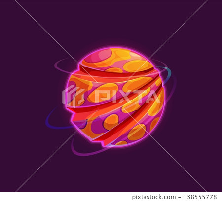 Cartoon purple alien space planet with orange spots. Vector alien star with deep, elongated asteroid craters, encircled by three distinct rings. Vibrant vector planet for games, or astronomy project Cartoon purple alien space planet with orange spots. Vector alien star with deep, elongated asteroid craters, encircled by three distinct rings. Vibrant vector planet for games, or astronomy project 138555778
