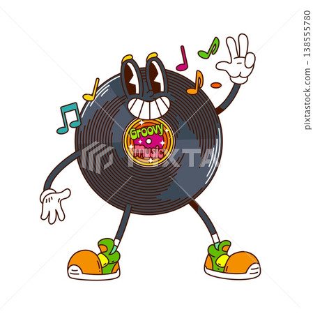 Cartoon retro vinyl record groovy funky character with melody notes, embodying the soulful vibe of classic music. Isolated vector vintage musical mascot personage radiating nostalgia and playful tunes Cartoon retro vinyl record groovy funky character with melody notes, embodying the soulful vibe of classic music. Isolated vector vintage musical mascot personage radiating nostalgia and playful tunes 138555780