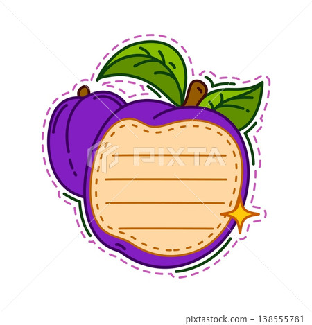 Ripe plum fruit kids memo note frame. Vector diary page, jam jar label. Natural fruit scrapbook sticker. Child schedule frame or memo note with whole and half damson fruit with line for message Ripe plum fruit kids memo note frame. Vector diary page, jam jar label. Natural fruit scrapbook sticker. Child schedule frame or memo note with whole and half damson fruit with line for message 138555781