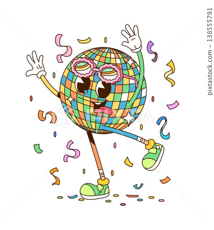 Retro cartoon groovy disco ball vector character at retro dance party striking expressive poses under falling confetti. Mirror ball personage with hippie vintage sunglasses, radiating funky y2k energy 138555791
